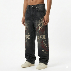 กางเกงยีนส์เดนิมทรงหลวมสไตล์วินเทจสำหรับผู้ชาย น้ำหนัก 13 ออนซ์ ผ้ายีนส์ฟอกสีแบบ Stone Washed  ปักลาย สตรีทแวร์ ทรงหลวม ใส่สบาย สำหรับฤดูใบไม้ผลิ รับผลิตแบบ OEM ODM - Product Image 6