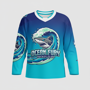 Camiseta de Hockey sobre Hielo Sublimada Ocean Fury, Manga Larga, Cuello en V, Poliéster que Absorbe la Humedad, Ropa Deportiva para Hombre - Product Image 1
