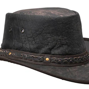 Chapeau de cowboy en cuir noir vieilli, style western, avec bande tressée et œillets, large bord, unisexe, vintage, chapeau de brousse Outback, pour usage quotidien - Product Image 4