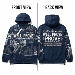 Custom Logo <b>Red</b> Hooded Reversible <b>Waterproof</b> Winter Windbreaker <b>Jacket</b> 130 GSM Lightweight Digital Printing Applique Patch Nylon - Product Image 4