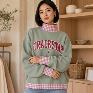 Sage <b>Green</b> Women's Mock Neck Sweatshirt Pink Gingham Trim Burgundy Letter Applique Star Trackstar Custom OEM Pullover <b>Top</b> - Product Image 1