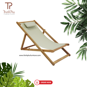 Wooden Beach Chair Folding Outdoor Lounge Chair with Polyester Fabric Coastal Style for <b>Sand</b> Use - Product Image 5