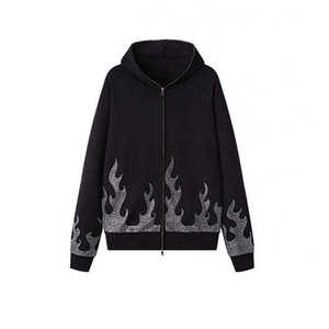 Sweat-shirt noir à capuche zippé avec motif flamme en strass, style streetwear, coupe oversize, manches classiques, en coton tricoté, pour l'automne - Product Image 1
