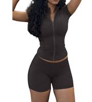 Ensemble de vêtements de sport pour femmes, couleur unie, bodycon, manches courtes, col en V, fermeture éclair sur le devant, écologique, coupe ajustée, tricot sans couture, spandex