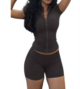 Women Solid Color Bodycon Fitness Short Sleeve V Neck Zip Front Activewear <b>Set</b> Eco-Friendly Skinny Fit Seamless Knitted Spandex - Product Image 5