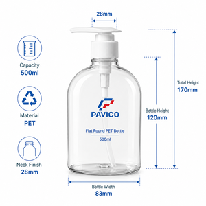 Botella de PET Transparente, Plana y Redonda de 500 ml con Bomba para Jabón de Manos, Champú, Gel de Ducha, Loción, Fabricación en Vietnam - Product Image 1