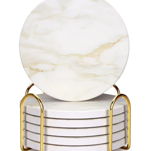 Luxury Round White <b>Marble</b> <b>Coaster</b> Set of 6 with Gold Metal Holder Eco-Friendly Drink <b>Coasters</b> Cup Mat for Home Decor Wholesale - Product Image 1