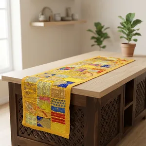 Yellow Patchwork Table Runner Embroidered Cotton <b>Wall</b> <b>Decor</b> - Product Image 1