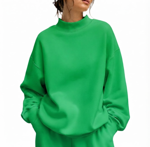 เสื้อสเวตเชิ้ตคอเต่าทรงโอเวอร์ไซส์สำหรับผู้หญิง สีเขียวล้วน แบบไหล่ตก ผ้าถักเนื้อฝ้าย สวมใส่สบายๆ สไตล์สตรีทแวร์สำหรับฤดูใบไม้ร่วง - Product Image 1