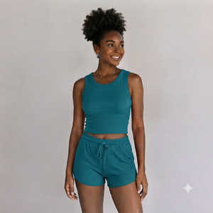 Conjunto de Dos Piezas para Mujer, Top Corto y Pantalones Cortos Acanalados, Cuello Redondo, Color Sólido, Estilo Deportivo Casual, Verano, Corte Regular, Por Encima de la Rodilla - Product Image 1