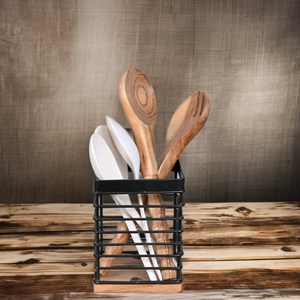Iron & Acacia Wood Fork, Knife and <b>Spoon</b> holder Metal Iron cutlery holder Wooden Cutlery holder for dining <b>table</b> cutlery stand - Product Image 6