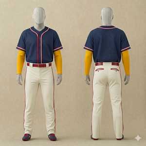 Ensemble uniforme de baseball pour homme, maillot bleu marine avec manches jaunes, pantalon blanc, bordure rouge, matière en maille respirante, fermeture à boutons, coupe classique - Product Image 1