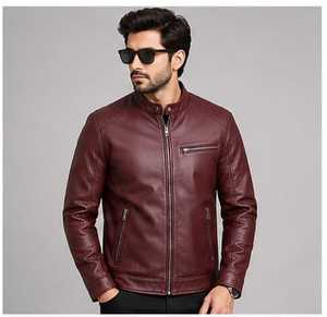 High Quality Men's <b>Burgundy</b> <b>Leather</b> Moto <b>Jacket</b> Stand Collar Zipper Closure - Product Image 4