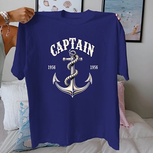 Camiseta de capitán ancla y cuerda para mujer, ajuste cómodo, estilo informal, 100%, patrón estampado de algodón puro - Product Image 4