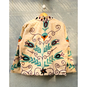 Veste en velours beige brodée, manteau court d'hiver, motif oiseau brodé, veste pour femme, coton tissé à la main, style bohème, cadeau pour elle - Product Image 6