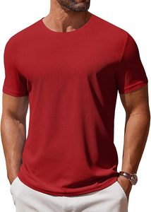 Camiseta de Manga Corta para Hombre, Cuello Redondo, Color Rojo, Corte Ajustado, Informal, Transpirable, Tejida, 100% Algodón, Color Sólido - Product Image 2