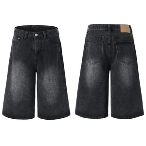 Men's High Waist Washed <b>Denim</b> Bermuda Shorts Solid Color Casual Style With Pockets Button Fly Cotton Canvas <b>Material</b> - Product Image 1