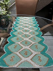 Embroidered Geometric <b>Table</b> <b>Runner</b> <b>Teal</b> White Gold Bohemian Home Decor Washable - Product Image 3