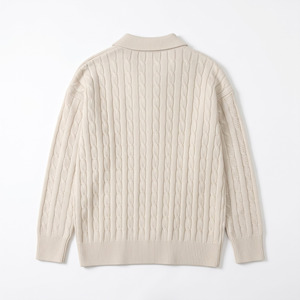 Cardigan Homme en Maille Câblée Crème à Demi-Zip, Col Rabattu, Laine Épaisse, Couleur Unie, Vêtement d'Hiver Anti-Boulochage avec Fermeture Éclair - Product Image 2