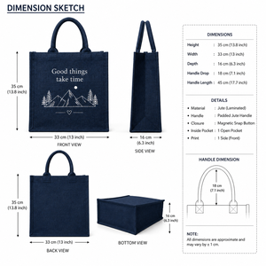 Bolsa de compras de yute para la playa, tamaño mediano, azul marino, con diseño de montaña 'Good Things Take Time', asa superior, reutilizable, gran capacidad, para supermercado - Product Image 2