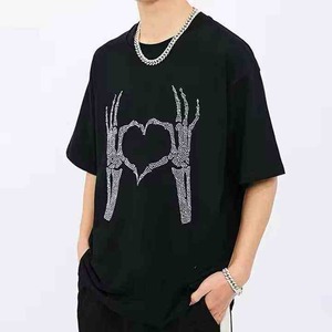 Camiseta Negra Personalizada para Hombre, con Estampado Completo y Pedrería, Unisex, Estilo Urbano, Gráfica, de Tela Gruesa - Product Image 5