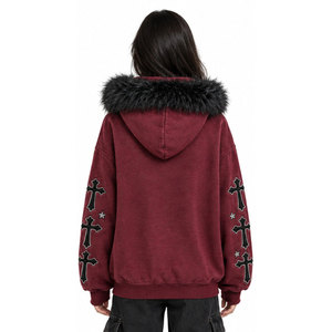 Sudadera con capucha gótica para mujer con cremallera, capucha de piel sintética, estampado de cruz, manga larga, chaqueta de invierno, ajuste regular, de algodón tejido - Product Image 3