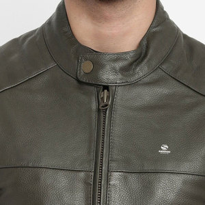 Chaqueta de Cuero Verde para Hombre, Corte Ajustado, Cuello Alto, Estilo Motero, con Cierre, Casual, de Invierno, de Cuero Genuino - Product Image 6