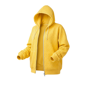 Sudadera con capucha unisex amarilla con cremallera y pedrería, 100% algodón polar, estilo oversize casual streetwear, bolsillo canguro, secado rápido, antiarrugas - Product Image 3