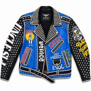 FURAT LEATHERS OEM Your Own <b>Punk</b> Printed Genuine Leather Motorcycle Biker <b>Jacket</b> Men Stand Breathable Customized Embroidered - Product Image 5