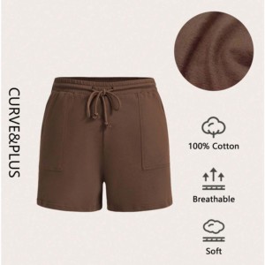 Shorts de Cintura Alta de Lona Tejida con Detalle de Botones, Color Sólido, Transpirables, Cintura Elástica, Casuales para Mujer - Product Image 1