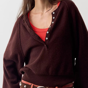 Custom Logo Women's Henley Neck Long Sleeve Knitted <b>Cardigan</b> Solid <b>Burgundy</b> Color Button Closure Casual Autumn Knitted Sweaters - Product Image 1