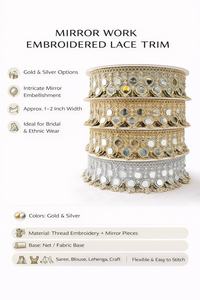 Ribete de encaje bordado con efecto espejo, dorado y plateado, para decoración de prendas nupciales, saris, blusas y manualidades. - Product Image 6