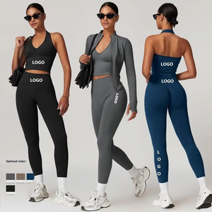 Gray Racerback Yoga Set High Waist <b>Leggings</b> Shorts Seamless 2 Piece Activewear Solid Color <b>Crop</b> Top Full Sleeve - Product Image 4