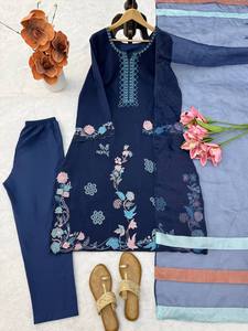 BLUE Embroidered Floral <b>Kaftan</b> Salwar Suit With Dupatta Traditional Indian Pakistani Wear Loose Fit Floor Length Women's <b>Dress</b> - Product Image 6