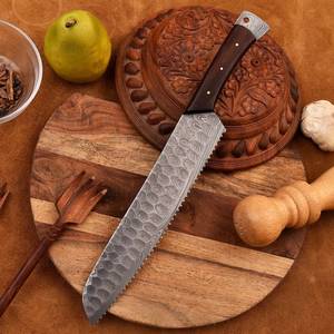 Handmade Best Supplier Cooking Damascus Steel Chef <b>Knife</b> <b>Bread</b> <b>Knife</b> Olive Wood Handle Leather Sheath Serrated Edge Right-Handed - Product Image 1