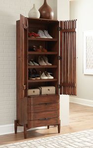 Armoire à chaussures en bois de style Mid-Century Modern, armoire haute avec portes à lattes et tiroirs pour entrée ou couloir - Product Image 3