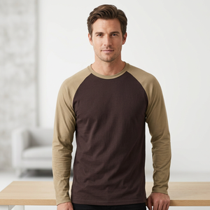 T-shirt décontracté pour homme en coton tricoté 100 %, coupe droite, col rond, manches raglan, couleur unie, bordure contrastante sur le devant, anti-plis - Product Image 4