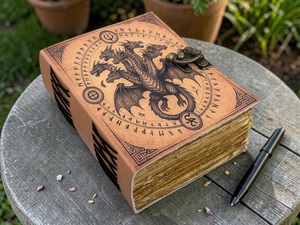 Herb Heritage Handmade Double Dragon Journal Leather Bound Grimoire DND <b>Notebook</b> Spell <b>Book</b> 200 Sheets Vintage Fantasy Gift - Product Image 3