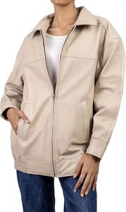 Veste utilitaire en cuir PU beige pour femme, manches longues, col montant, fermeture éclair, coupe-vent, style décontracté automne - Product Image 3