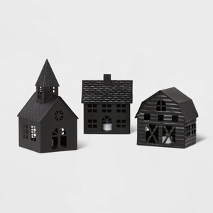 Linternas Navideñas de Plástico Negras en Forma de Casa, Decoración Tradicional para las Fiestas con Ventanas Recortadas y Detalles del Techo - Product Image 2