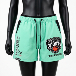 กางเกงว่ายน้ำผู้หญิง ผ้าโพลีเอสเตอร์พรีเมียม 140 GSM แห้งเร็ว สีเขียวมิ้นท์ ด้านข้างเป็นผ้าตาข่ายสีดำ พร้อมโลโก้แบบรีดร้อนตามสั่ง - Product Image 3