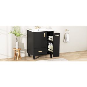 Mobile bagno in legno massello da 24 pollici con telaio in MDF, lavabo, ripiano portaoggetti, cassetto profondo e mobiletto a 2 livelli con cestello estraibile - Product Image 3
