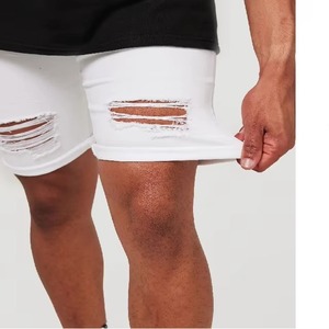 Shorts en jean blanc pour homme, taille mi-haute, coupe droite, déchirés, en coton, décontractés, d'été, tricotés, respirants, écologiques - Product Image 4