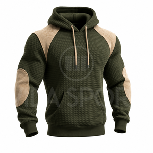 Ensemble de survêtement pour homme vert olive à capuche avec empiècements beiges, manches longues, tenue décontractée d'automne, pantalon uni à cordon de serrage - Product Image 2