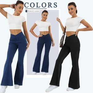 2025 femmes taille haute Bootcut jean pantalon évasé avec poches coupe ajustée extensible Denim croisé évasé Leggings - Product Image 2