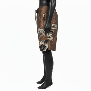 Shorts de bain pour femme en polyester à séchage rapide, motif graphique marron, panneaux latéraux, logo imprimé personnalisé - Product Image 2