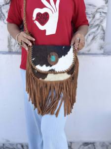 Bolso de Hombro Estilo Occidental con Flecos de Piel de Vaca, Bolsos de Estilo Bohemio con Piedras Turquesas, Bolsos Vintage para Mujer - Product Image 5