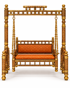 Superbe décoration de scène de mariage sud-indienne avec arche en forme d'éléphant, arche royale blanche et dorée, scène de mariage avec balançoire dorée - Product Image 5