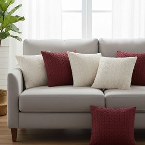 SOGA 45cm Deep <b>Red</b> and Classic Cream Cable Knit Pillowcase Set 6PC-Elegant Decorative <b>Cushion</b> <b>Covers</b> - Product Image 3