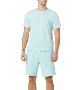 Conjunto de Camiseta y Pantalones Cortos de Algodón Azul Claro para Hombre, Cuello Redondo, Color Sólido, Ropa Casual de Verano, Tejido Transpirable, Venta al Por Mayor - Product Image 1